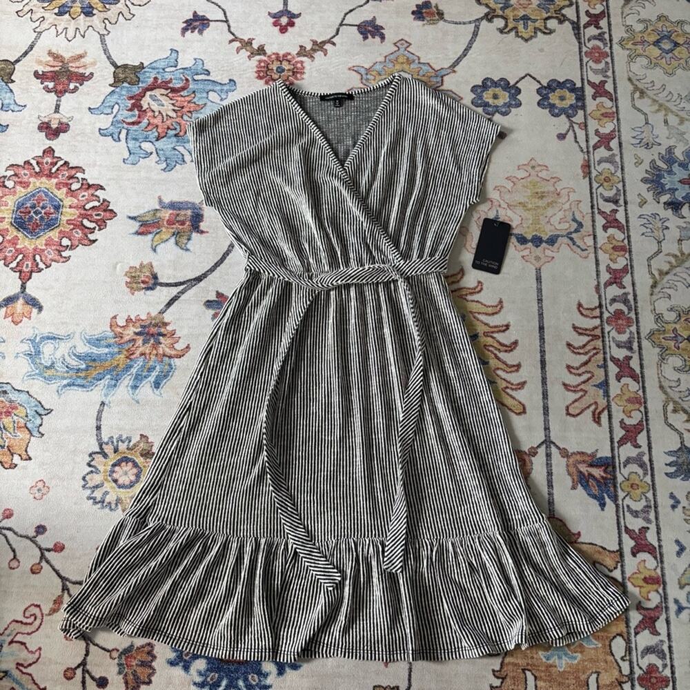 Caution To The Wind Black and White Striped Knee Length Dress Belted NWT